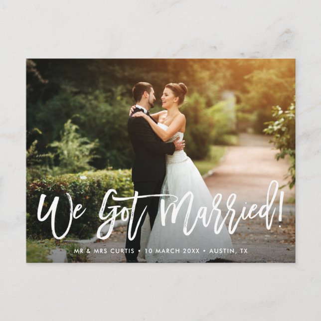 Elegant white rustic script wedding Announcement Postcard (Front)