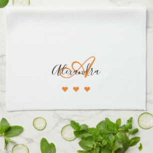 Elegant White Saffron Script Name Monogram Tea Towel