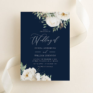 Elegant White & Sage Floral Navy Wedding Invitation