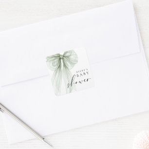Elegant White Sage Green Bow Baby Shower Square Sticker