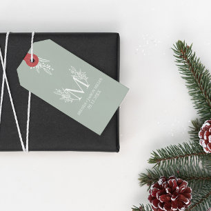 Elegant white sage-green monogram newlywed  gift tags