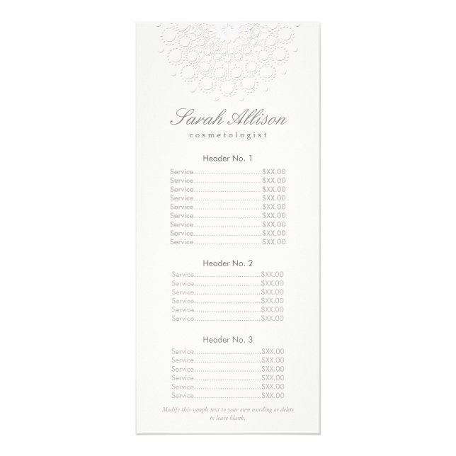 Elegant White Salon and Spa Price List Rack Card (Front)