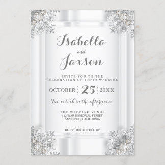 Elegant White Satin and Silver White Ornate Invitation