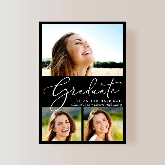 Elegant White Script 3 Photo Black Graduation Announcement (An elegant photo graduation announcement to celebrate the graduate's achievements)