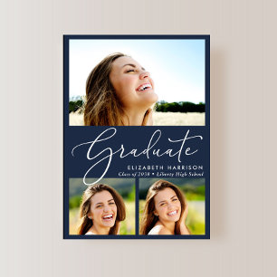Elegant White Script 3 Photo Blue Graduation Announcement