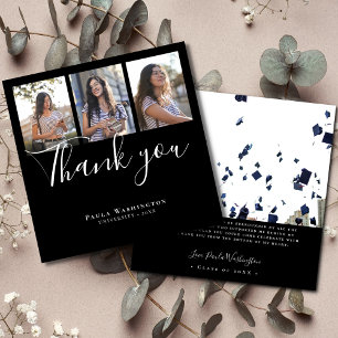 Elegant White Script 4 photo Graduation Thank You Card