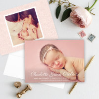 Elegant White Script Baby Girl Photo Blush Birth