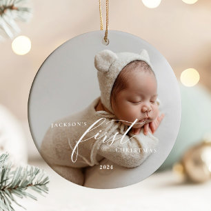 Elegant White Script Baby's First Christmas Photo  Ceramic Tree Decoration