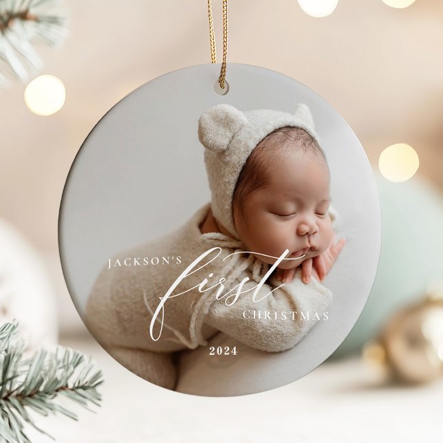 Elegant White Script Baby's First Christmas Photo  Ceramic Tree Decoration (Creator Uploaded)