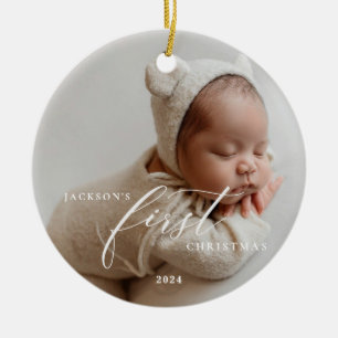 Elegant White Script Baby's First Christmas Photo  Ceramic Tree Decoration