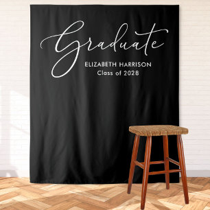 Elegant White Script Black Graduation Backdrop Tapestry