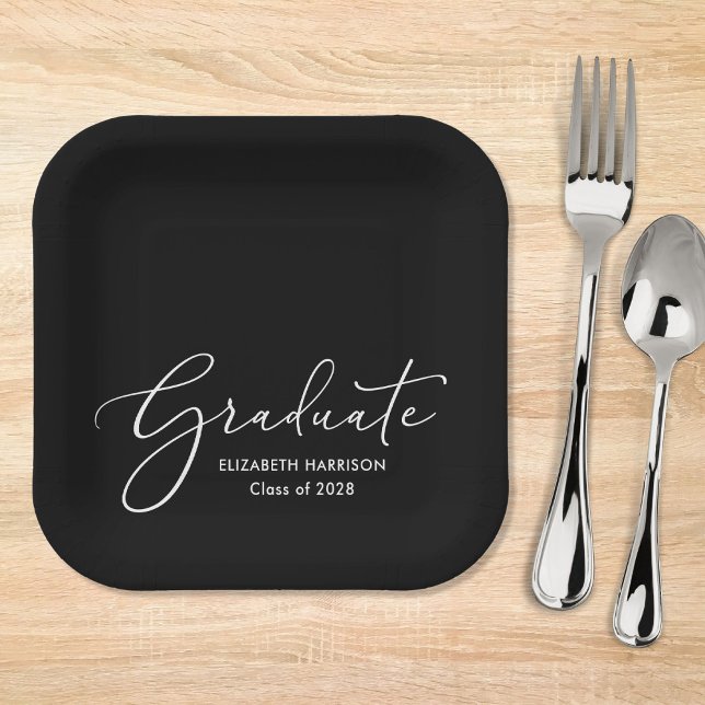 Elegant White Script Black Graduation Party Paper Plate (Creator Uploaded)