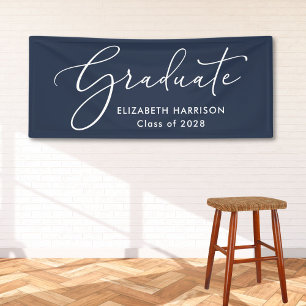 Elegant White Script Blue Graduation Banner