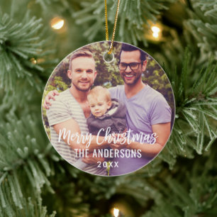 Elegant White Script Family Christmas Photo Ceramic Tree Decoration