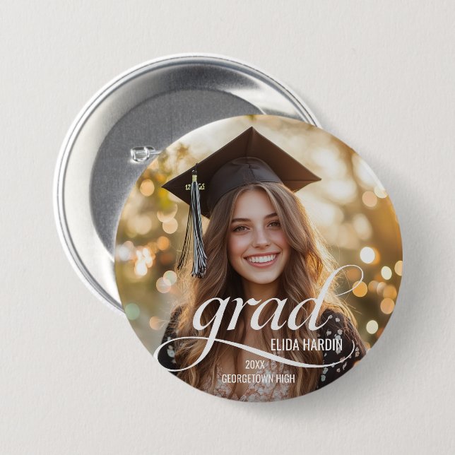 Elegant White Script Grad Photo Button (Front & Back)
