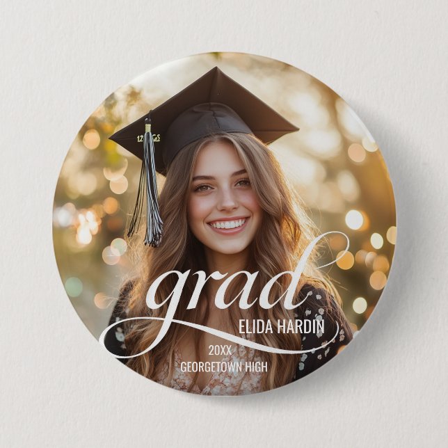 Elegant White Script Grad Photo Button (Front)