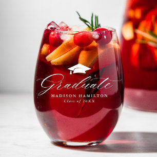Elegant White Script Graduate Name & Year Stemless Wine Glass