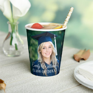 Elegant White Script Graduate Photo Paper Cups