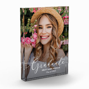 Elegant White Script Graduation Photo Block