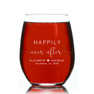 Elegant White Script Happily Ever After Wedding Stemless Wine Glass