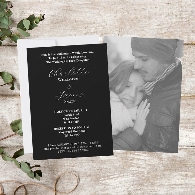 Elegant White Script | Happy Couple Photo Black Invitation (Front And Back)