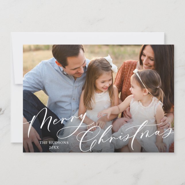 Elegant White Script Merry Christmas Collage Holiday Card (Front)