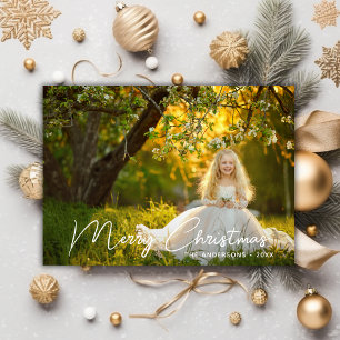 Elegant White Script Merry Christmas Photo  Holiday Card