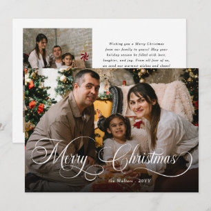 Elegant White Script Merry Christmas Photo Overlay Holiday Card