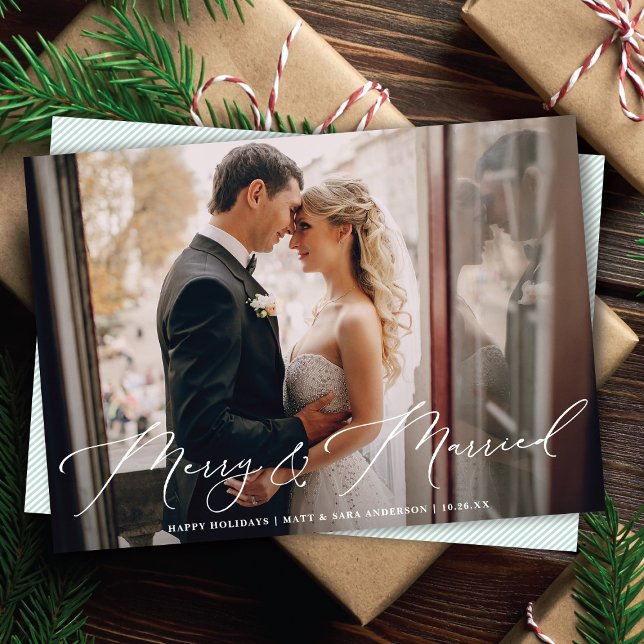 Elegant White Script Merry & Married Photo Holiday Card (Creator Uploaded)