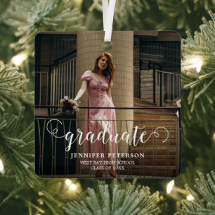 Elegant White Script Modern Photo Graduation Metal Tree Decoration