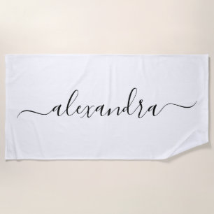 Elegant white script name beach towel