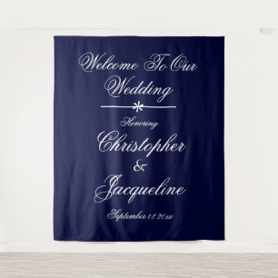 Elegant White Script Navy Blue Wedding Party Tapestry