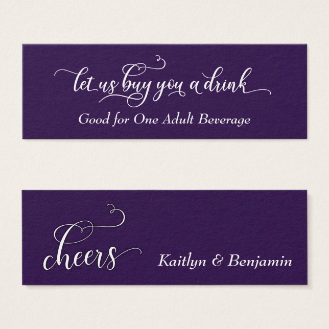 Elegant White Script on Purple Drink Tickets (Front & Back)