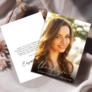 Elegant White Script Overlay Photo Graduation Thank You Card