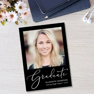 Elegant White Script Photo Black Graduation Announcement