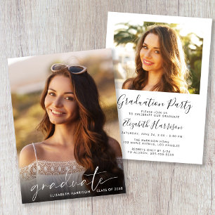 Elegant White Script Photo Graduation Party Invitation