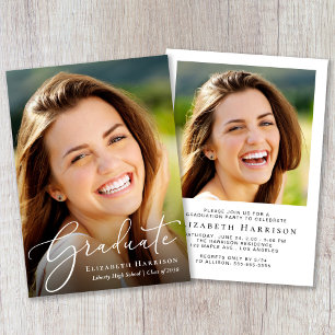 Elegant White Script Photo Graduation Party Invitation