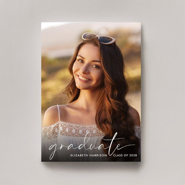 Elegant White Script Photo Overlay Graduation Announcement (Cherish the milestone: share your graduate's achievement with a custom photo graduation announcement)