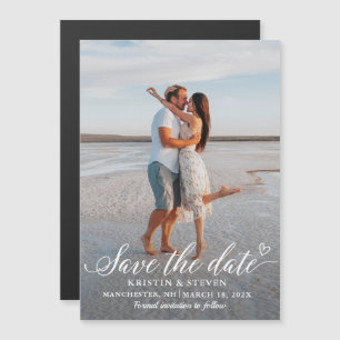 Elegant White Script Photo Save The Date Magnet