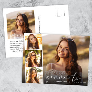 Elegant White Script Photo Strip Graduation Announcement Postcard