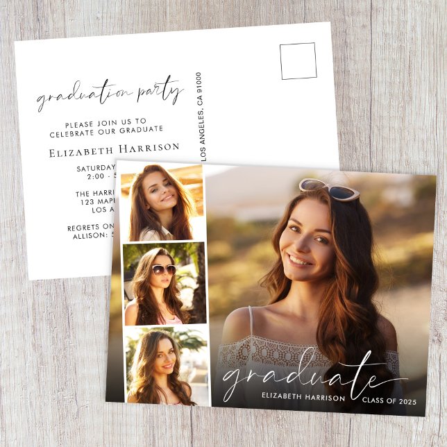 Elegant White Script Photo Strip Graduation Party Invitation Postcard (Creator Uploaded)
