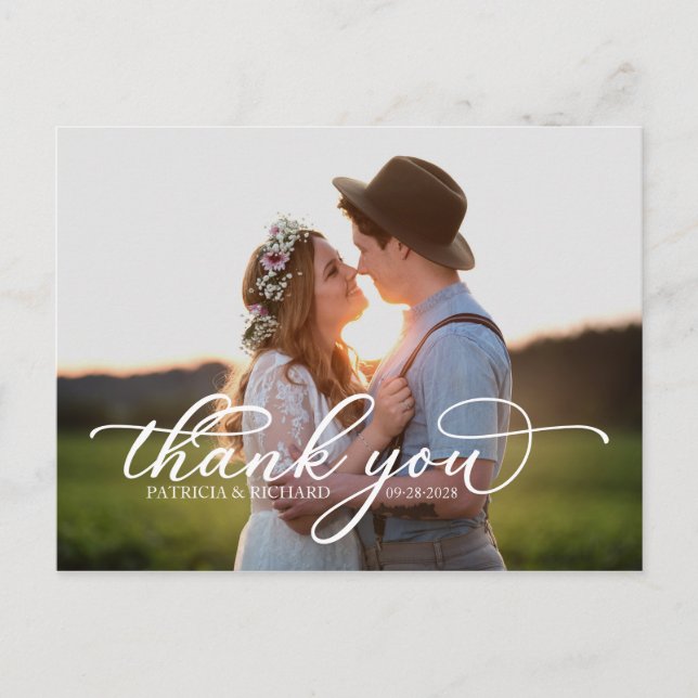 Elegant White Script Photo Thank You Postcard (Front)