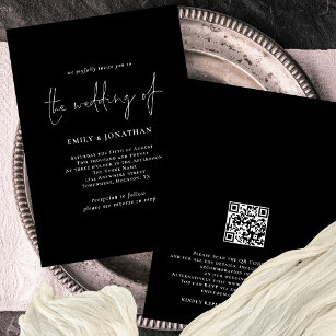 Elegant White Script QR Code Black Wedding Invitation