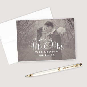 Elegant White Script Sepia Photo Wedding Monogram Thank You Card