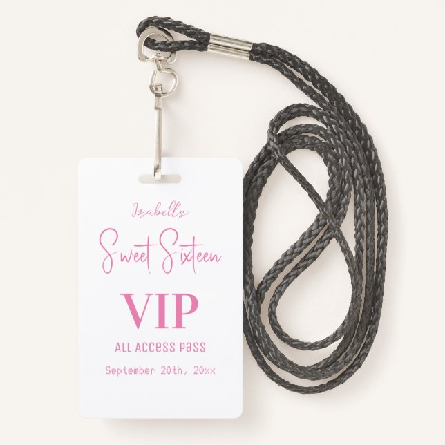 Elegant White Script Sweet Sixteen Invitation VIP  ID Badge (Front with Lanyard)