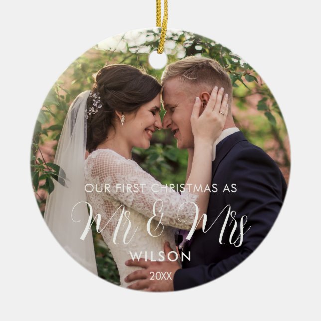 Elegant White Script Wedding Photo Ceramic Tree Decoration (Front)