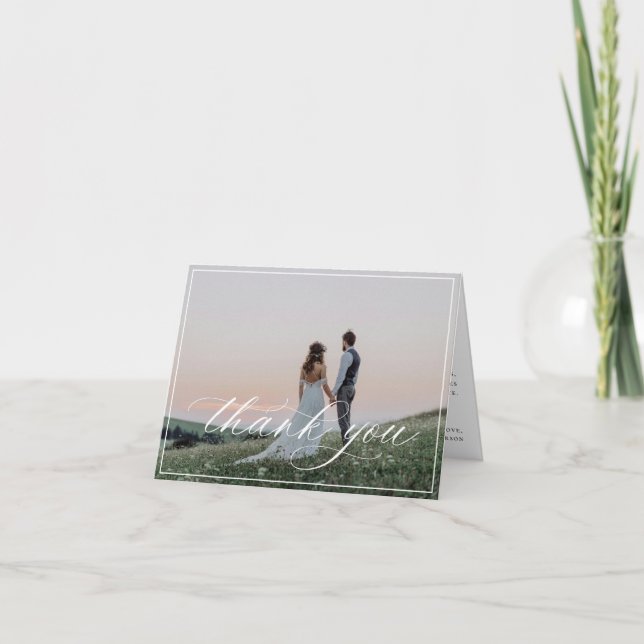 Elegant White Script Wedding Photo Thank You Card (Front)