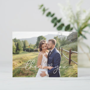 Elegant White Script Wedding Photo Thank You  Card