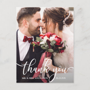 Elegant White Script Wedding Photo Thank You Postcard