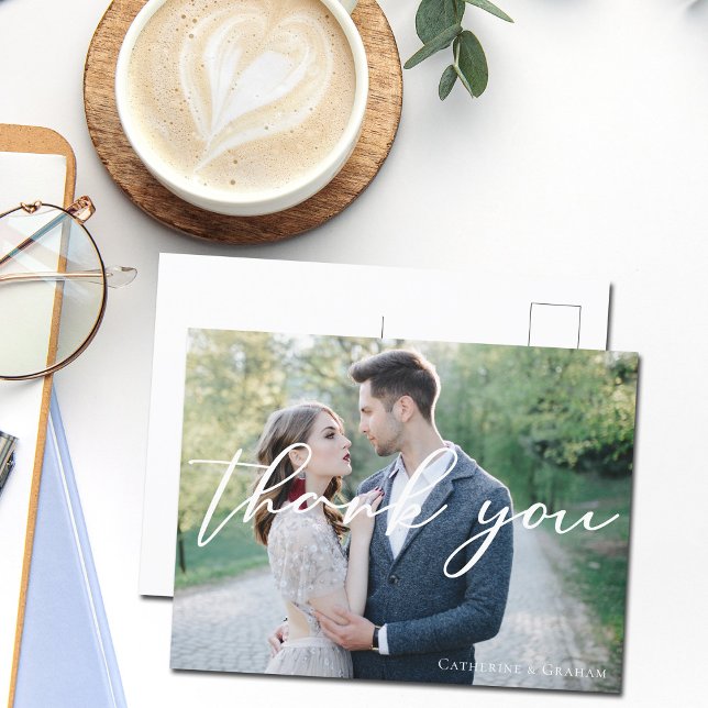 Elegant White Script Wedding Photo Thank You Postcard (Creator Uploaded)